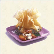 Aumoni�re de scampis � la fondue de poireaux � l'Armagnac sur lit de bisque ...